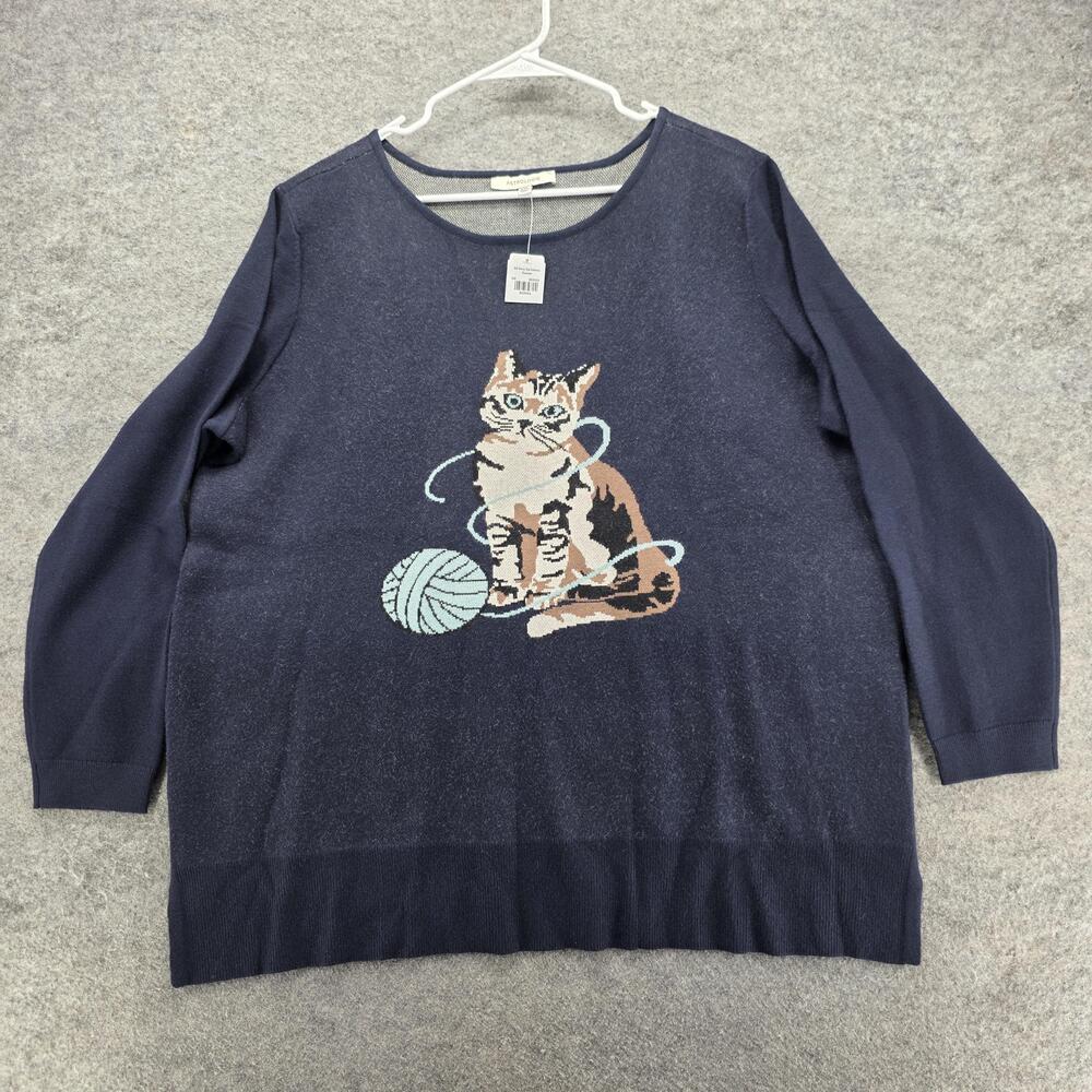 ASTROLOGIE Sweater Pullover Womens XXL Navy Cat Intarsia Round Neck Tight-Knit